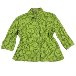 Y2k Choices Bright Green Sheer Burnout Button Up Blouse 3/4 Sleeve Fairy Kidcore